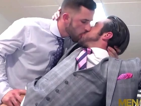 Muscular men in suits, Mike De Marko and Sunny Colucci, engage in a gay orgy at MENATPLAY.