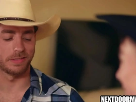 Gay cowboys have sex without a condom on a ranch.