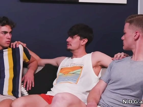 Gay stepbrothers gang bang third man in train position for anal sex