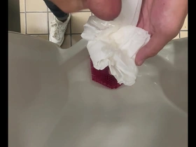 Steamy bathroom encounter at work ends up in a quickie gay jerkoff session