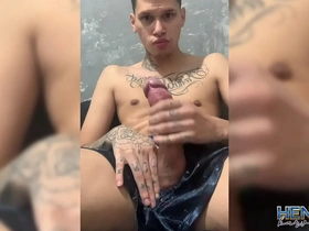 Gay solo masturbation scene with a skinny and tanned amateur.