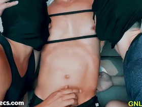 Two adorable Asian boys suck nipples and give muscle worship to a lucky man.