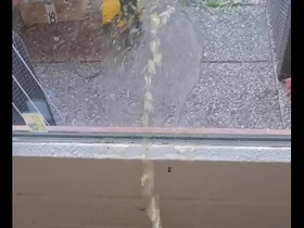 Gay piss play indoors with an uncut stud