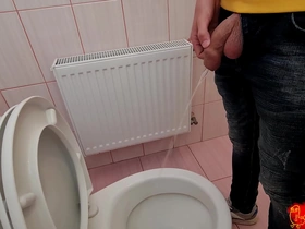 A popular man with women masturbates in a Japanese style on a station toilet and ejaculates.
