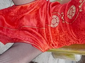 Japanese crossdresser in beautiful qipao stockings, BDSM solo boy adventure.