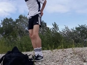 Jon Arteen, the cute Asian twink, in black Adidas attire, freeballing and outdoors.