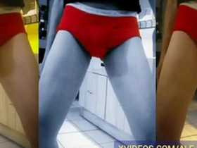 Slender mature man flaunts his throbbing member in seductive red pantyhose