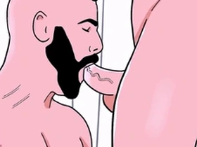 A straight man with a beard has oral sex with a male bottom and then the bottom performs a blow job on him in this animated gay porn.